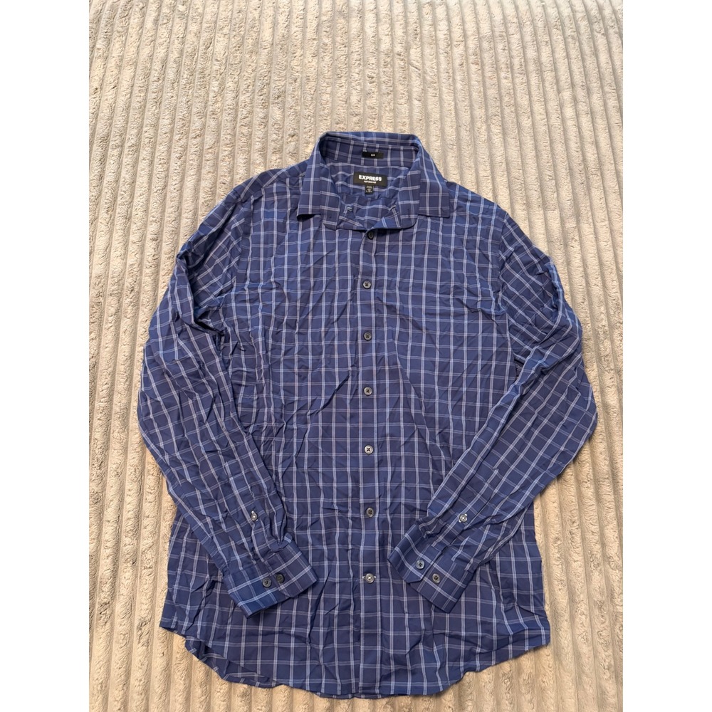 Express Performance Slim Fit Shirt Mens Large Blue Plaid Long Sleeve Button Down